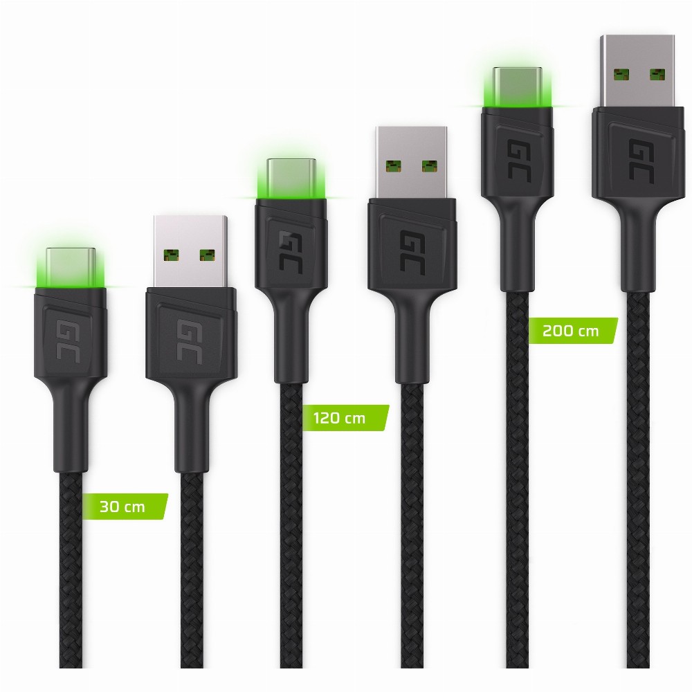 KAB SET 3x USB > USB-C (ST - ST) 1x0,3m/1x1,2m/1x2m GreenCell SET1 Backlight Green LED Black