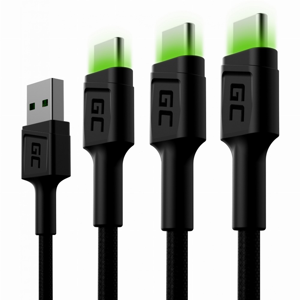 KAB SET 3x USB > USB-C (ST - ST) 3x1,2m GreenCell SET2 Backlight Green LED Black